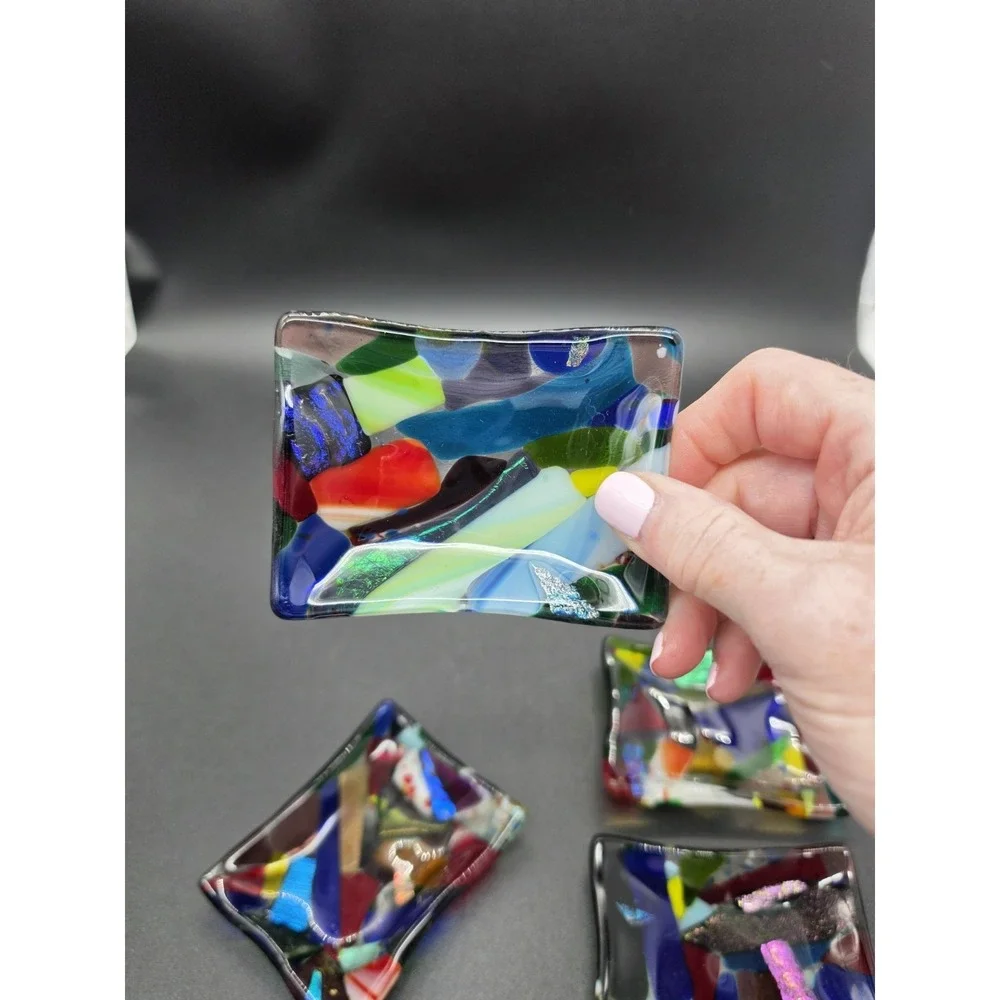 Set‎ Of 4 Frog Valley Fused Glass Dipping Dish Trinket/Ring Tray Signed Mosaic